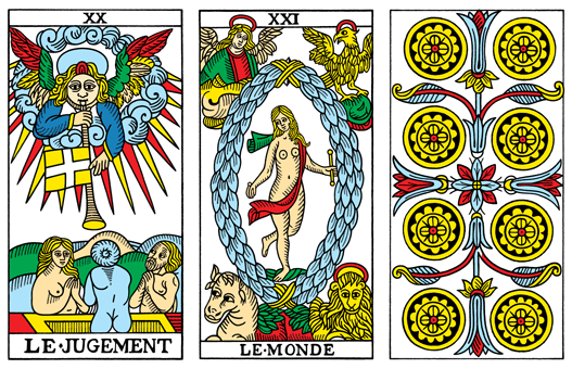 Judgment, The World, 8 of Coins